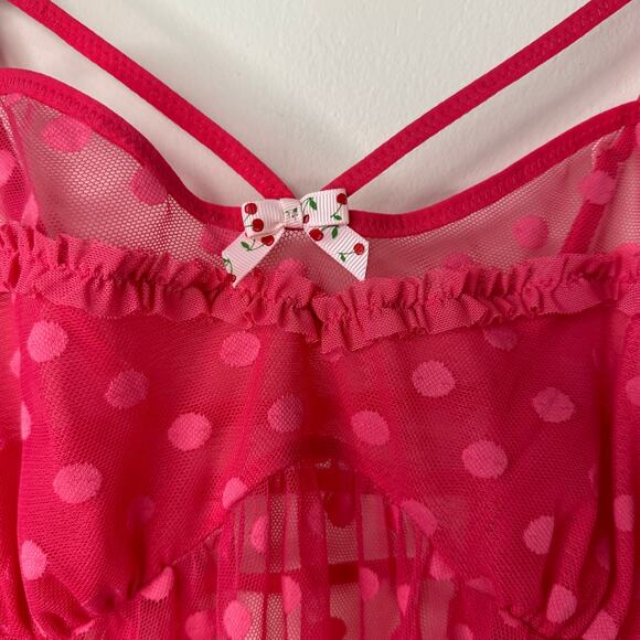 L Betsey Johnson Sheer Pink Polka Dot Mesh Slip Dress Cherry Bow Coquette Kawaii - Picture 3 of 8